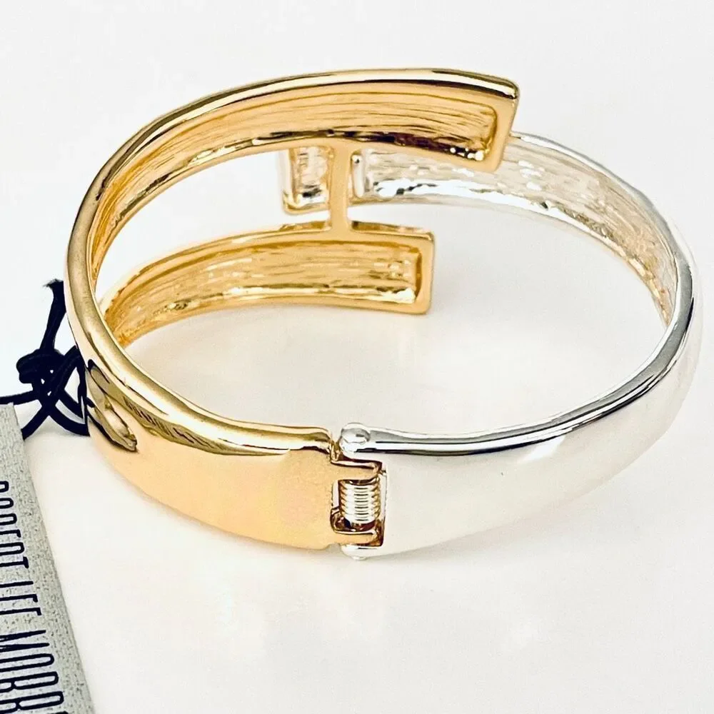 NWT Robert Lee Morris 2 Tone Gold/ Silver Criss Cross Cuff Hinge Bangle Bracelet